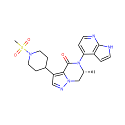 C[C@@H]1Cn2ncc(C3CCN(S(C)(=O)=O)CC3)c2C(=O)N1c1ccnc2[nH]ccc12 ZINC000299818489