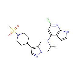 C[C@@H]1Cn2ncc(C3CCN(S(C)(=O)=O)CC3)c2CN1c1cc(Cl)nc2[nH]ccc12 ZINC000299825120