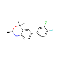 C[C@@H]1Nc2ccc(-c3ccc(F)c(Cl)c3)cc2C(C)(C)O1 ZINC000013439628