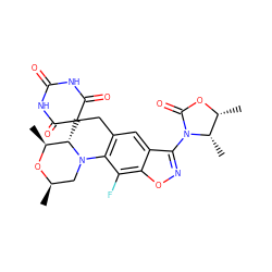 C[C@@H]1O[C@H](C)CN2c3c(cc4c(N5C(=O)O[C@H](C)[C@@H]5C)noc4c3F)CC3(C(=O)NC(=O)NC3=O)[C@@H]12 ZINC000145790801