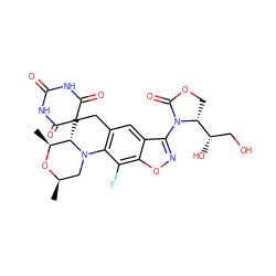 C[C@@H]1O[C@H](C)CN2c3c(cc4c(N5C(=O)OC[C@@H]5[C@@H](O)CO)noc4c3F)CC3(C(=O)NC(=O)NC3=O)[C@@H]12 ZINC000145698676