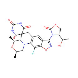 C[C@@H]1O[C@H](C)CN2c3c(cc4c(N5C(=O)OC[C@@H]5[C@H](C)O)noc4c3F)CC3(C(=O)NC(=O)NC3=O)[C@@H]12 ZINC000145749970