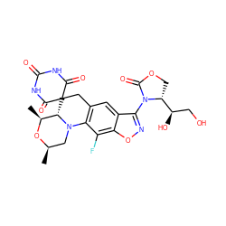 C[C@@H]1O[C@H](C)CN2c3c(cc4c(N5C(=O)OC[C@@H]5[C@H](O)CO)noc4c3F)CC3(C(=O)NC(=O)NC3=O)[C@@H]12 ZINC000145741553