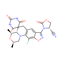 C[C@@H]1O[C@H](C)CN2c3c(cc4c(N5C(=O)OC[C@@H]5C#N)noc4c3F)CC3(C(=O)NC(=O)NC3=O)[C@@H]12 ZINC000145818746