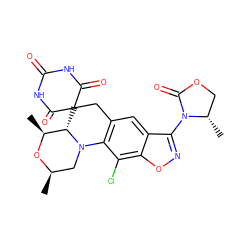 C[C@@H]1O[C@H](C)CN2c3c(cc4c(N5C(=O)OC[C@@H]5C)noc4c3Cl)CC3(C(=O)NC(=O)NC3=O)[C@@H]12 ZINC000145859941