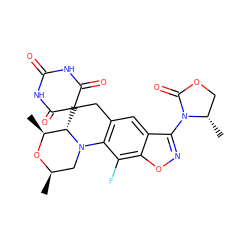 C[C@@H]1O[C@H](C)CN2c3c(cc4c(N5C(=O)OC[C@@H]5C)noc4c3F)CC3(C(=O)NC(=O)NC3=O)[C@@H]12 ZINC000145806066