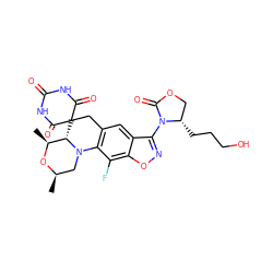 C[C@@H]1O[C@H](C)CN2c3c(cc4c(N5C(=O)OC[C@@H]5CCCO)noc4c3F)CC3(C(=O)NC(=O)NC3=O)[C@@H]12 ZINC000145907756