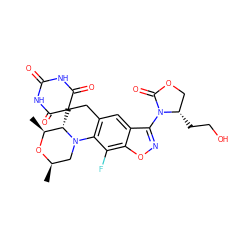 C[C@@H]1O[C@H](C)CN2c3c(cc4c(N5C(=O)OC[C@@H]5CCO)noc4c3F)CC3(C(=O)NC(=O)NC3=O)[C@@H]12 ZINC000145856651