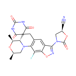 C[C@@H]1O[C@H](C)CN2c3c(cc4c(N5C[C@@H](C#N)OC5=O)noc4c3F)CC3(C(=O)NC(=O)NC3=O)[C@@H]12 ZINC000145914143