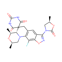 C[C@@H]1O[C@H](C)CN2c3c(cc4c(N5C[C@@H](C)OC5=O)noc4c3F)CC3(C(=O)NC(=O)NC3=O)[C@@H]12 ZINC000145758805