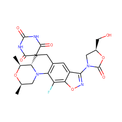 C[C@@H]1O[C@H](C)CN2c3c(cc4c(N5C[C@@H](CO)OC5=O)noc4c3F)CC3(C(=O)NC(=O)NC3=O)[C@@H]12 ZINC000145724685