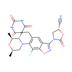 C[C@@H]1O[C@H](C)CN2c3c(cc4c(N5C[C@H](C#N)OC5=O)noc4c3F)CC3(C(=O)NC(=O)NC3=O)[C@@H]12 ZINC000145874432