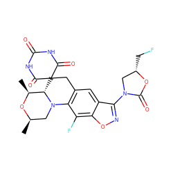 C[C@@H]1O[C@H](C)CN2c3c(cc4c(N5C[C@H](CF)OC5=O)noc4c3F)CC3(C(=O)NC(=O)NC3=O)[C@@H]12 ZINC000145873423