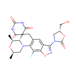 C[C@@H]1O[C@H](C)CN2c3c(cc4c(N5C[C@H](CO)OC5=O)noc4c3F)CC3(C(=O)NC(=O)NC3=O)[C@@H]12 ZINC000145732008