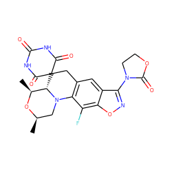 C[C@@H]1O[C@H](C)CN2c3c(cc4c(N5CCOC5=O)noc4c3F)CC3(C(=O)NC(=O)NC3=O)[C@@H]12 ZINC000145871797