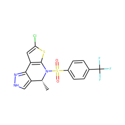 C[C@@H]1c2c[nH]nc2-c2cc(Cl)sc2N1S(=O)(=O)c1ccc(C(F)(F)F)cc1 ZINC000043176063