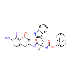 C[C@](Cc1c[nH]c2ccccc12)(NC(=O)OC1C2CC3CC(C2)CC1C3)C(=O)N[C@@H](CC(=O)O)Cc1ccc(N)c(I)c1 ZINC000026569258