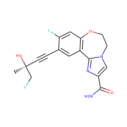 C[C@](O)(C#Cc1cc2c(cc1F)OCCn1cc(C(N)=O)nc1-2)CF ZINC000215747996