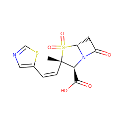 C[C@]1(/C=C\c2cncs2)[C@H](C(=O)O)N2C(=O)C[C@H]2S1(=O)=O ZINC000100777570