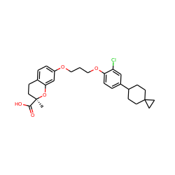 C[C@]1(C(=O)O)CCc2ccc(OCCCOc3ccc(C4CCC5(CC4)CC5)cc3Cl)cc2O1 ZINC000028126012