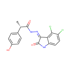 C[C@H](C(=O)N/N=C1\C(=O)Nc2ccc(Cl)c(Cl)c21)c1ccc(O)cc1 ZINC000072182475