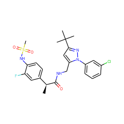 C[C@H](C(=O)NCc1cc(C(C)(C)C)nn1-c1cccc(Cl)c1)c1ccc(NS(C)(=O)=O)c(F)c1 ZINC000113487188