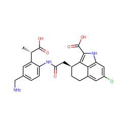 C[C@H](C(=O)O)c1cc(CN)ccc1NC(=O)C[C@@H]1CCc2cc(Cl)cc3[nH]c(C(=O)O)c1c23 ZINC000027752668