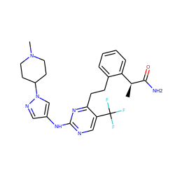 C[C@H](C(N)=O)c1ccccc1CCc1nc(Nc2cnn(C3CCN(C)CC3)c2)ncc1C(F)(F)F ZINC000211040415