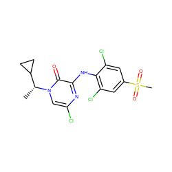 C[C@H](C1CC1)n1cc(Cl)nc(Nc2c(Cl)cc(S(C)(=O)=O)cc2Cl)c1=O ZINC000043120960