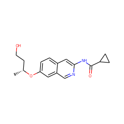 C[C@H](CCO)Oc1ccc2cc(NC(=O)C3CC3)ncc2c1 ZINC000169700028