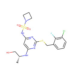 C[C@H](CO)Nc1cc(NS(=O)(=O)N2CCC2)nc(SCc2cccc(Cl)c2F)n1 ZINC000038941799