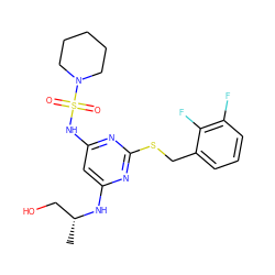 C[C@H](CO)Nc1cc(NS(=O)(=O)N2CCCCC2)nc(SCc2cccc(F)c2F)n1 ZINC000113942497