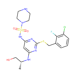 C[C@H](CO)Nc1cc(NS(=O)(=O)N2CCNCC2)nc(SCc2cccc(Cl)c2F)n1 ZINC000113942259