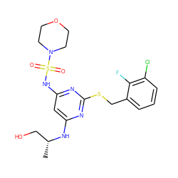 C[C@H](CO)Nc1cc(NS(=O)(=O)N2CCOCC2)nc(SCc2cccc(Cl)c2F)n1 ZINC000038944317