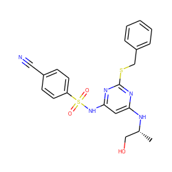 C[C@H](CO)Nc1cc(NS(=O)(=O)c2ccc(C#N)cc2)nc(SCc2ccccc2)n1 ZINC000168702395