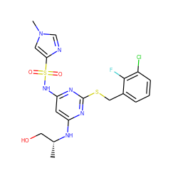 C[C@H](CO)Nc1cc(NS(=O)(=O)c2cn(C)cn2)nc(SCc2cccc(Cl)c2F)n1 ZINC000038577177