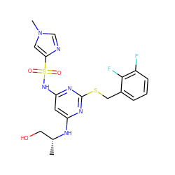 C[C@H](CO)Nc1cc(NS(=O)(=O)c2cn(C)cn2)nc(SCc2cccc(F)c2F)n1 ZINC000113942130