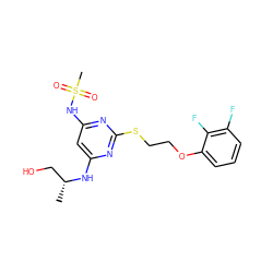 C[C@H](CO)Nc1cc(NS(C)(=O)=O)nc(SCCOc2cccc(F)c2F)n1 ZINC000299864371