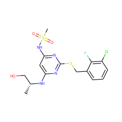 C[C@H](CO)Nc1cc(NS(C)(=O)=O)nc(SCc2cccc(Cl)c2F)n1 ZINC000034024769