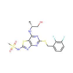 C[C@H](CO)Nc1nc(SCc2cccc(F)c2F)nc2nc(NS(C)(=O)=O)sc12 ZINC000029128488