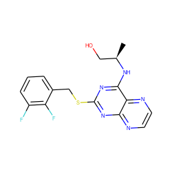 C[C@H](CO)Nc1nc(SCc2cccc(F)c2F)nc2nccnc12 ZINC000029128545