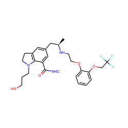 C[C@H](Cc1cc2c(c(C(N)=O)c1)N(CCCO)CC2)NCCOc1ccccc1OCC(F)(F)F ZINC000003806063