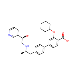 C[C@H](Cc1ccc(-c2ccc(C(=O)O)c(OC3CCCCC3)c2)cc1)NC[C@H](O)c1cccnc1 ZINC000040980860