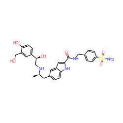 C[C@H](Cc1ccc2[nH]c(C(=O)NCc3ccc(S(N)(=O)=O)cc3)cc2c1)NC[C@H](O)c1ccc(O)c(CO)c1 ZINC000003987636