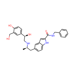 C[C@H](Cc1ccc2[nH]c(C(=O)NCc3ccccc3)cc2c1)NC[C@H](O)c1ccc(O)c(CO)c1 ZINC000028825105