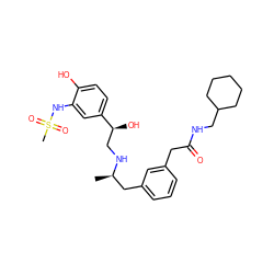 C[C@H](Cc1cccc(CC(=O)NCC2CCCCC2)c1)NC[C@H](O)c1ccc(O)c(NS(C)(=O)=O)c1 ZINC000064564735