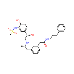 C[C@H](Cc1cccc(CC(=O)NCCCc2ccccc2)c1)NC[C@H](O)c1ccc(O)c(NS(C)(=O)=O)c1 ZINC000064564768