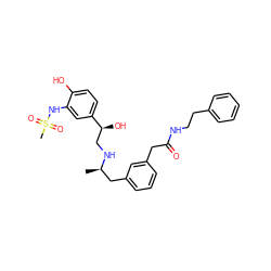 C[C@H](Cc1cccc(CC(=O)NCCc2ccccc2)c1)NC[C@H](O)c1ccc(O)c(NS(C)(=O)=O)c1 ZINC000064564671