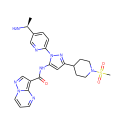 C[C@H](N)c1ccc(-n2nc(C3CCN(S(C)(=O)=O)CC3)cc2NC(=O)c2cnn3cccnc23)nc1 ZINC000204758292