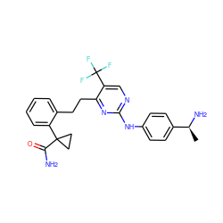 C[C@H](N)c1ccc(Nc2ncc(C(F)(F)F)c(CCc3ccccc3C3(C(N)=O)CC3)n2)cc1 ZINC000216765742